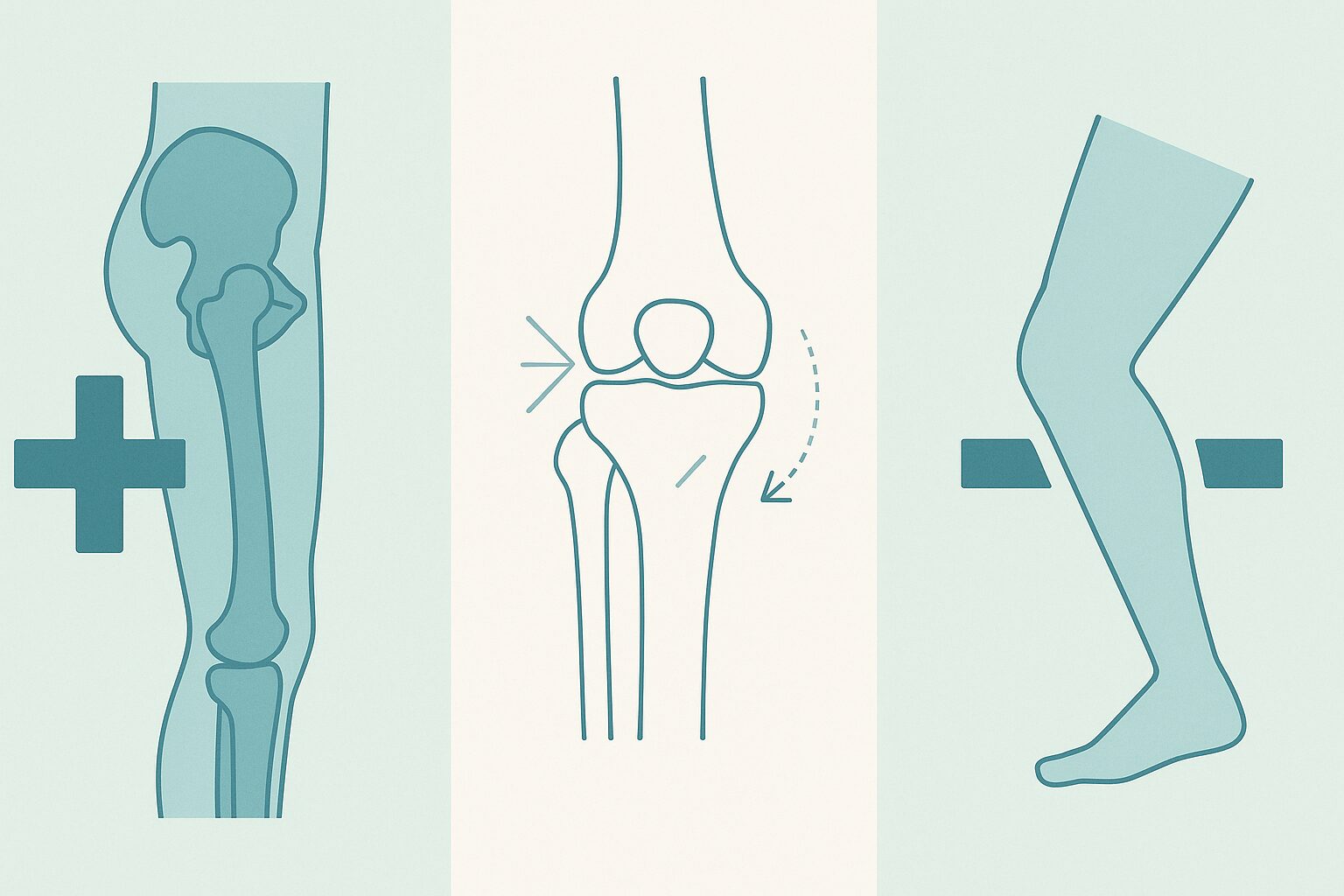 膝蓋大腿部痛の改善ポイントを示すミニマルイラスト。左は股関節と大腿骨に“＋”記号を添えて強化の重要性を表現。中央は膝蓋骨のズレを示す線画。右は下腿と“－”記号で負担を減らす動作修正の意味を示している。