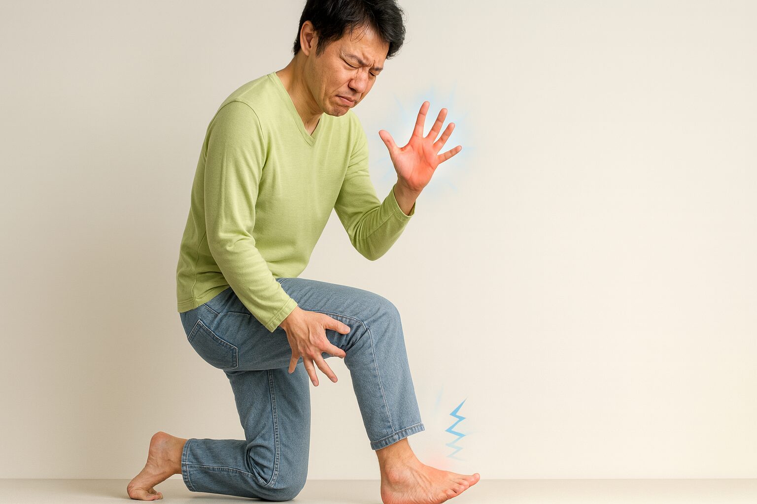 POEMS症候群による手足のしびれや痛みを訴える男性の写真。膝を押さえ、手足に神経障害の症状が出ている様子。