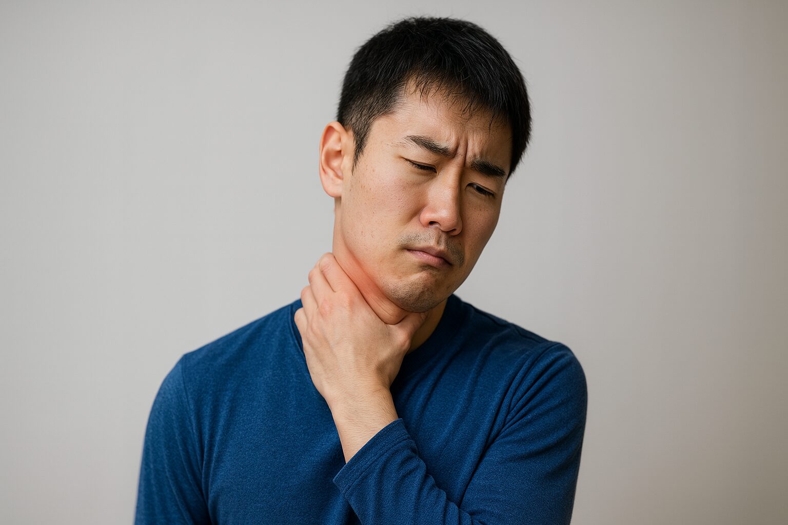 左手で首を抑えている男性の画像