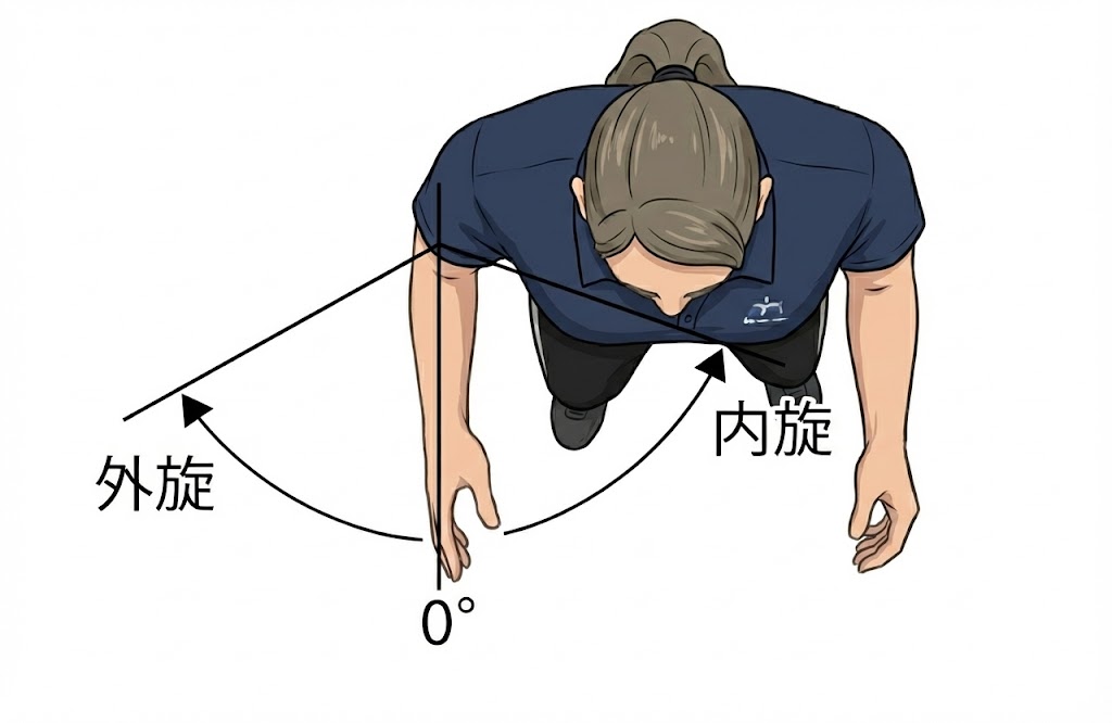 立位で腕を下ろした基本肢位から、肩関節の内旋・外旋0°の基準角度を上から見た視点で示したイラスト